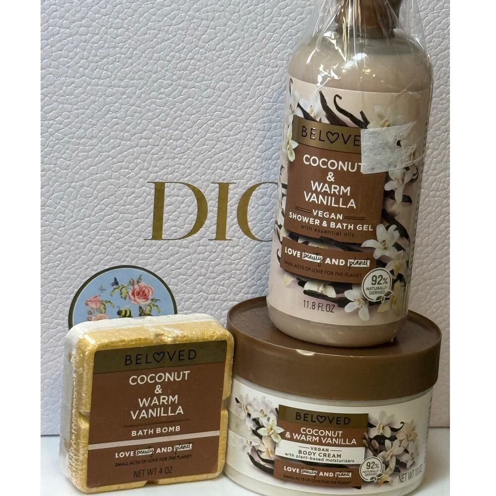 Beloved BUNDLE -Body Cream, Shower Bath Gel &  Bath Bomb-COCONUT & WARM VANILLA